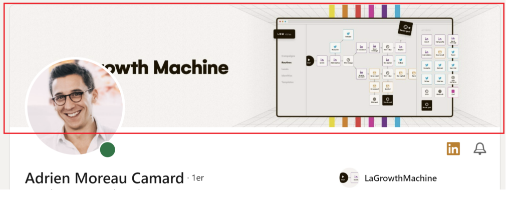 Adrien opt&oacute; por un dise&ntilde;o de LaGrowthMachine en su linkedin banner