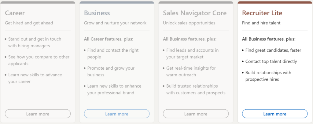 4 blocks showing the different LinkedIn Premium features, Recruiter Lite is selected