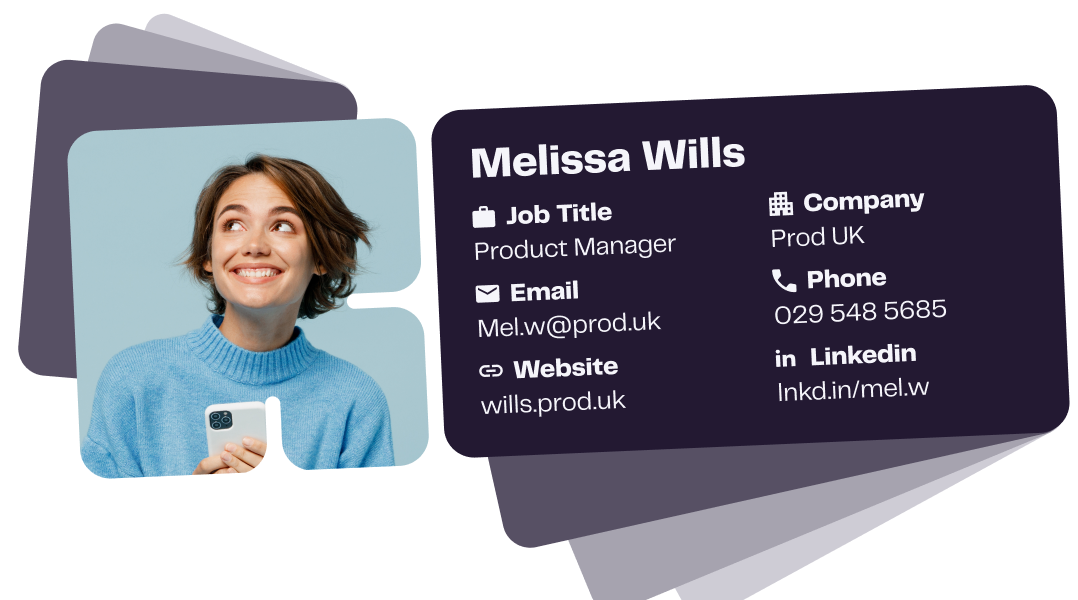 Digital contact card example for Melissa Wills showing contact details and profile picture.
