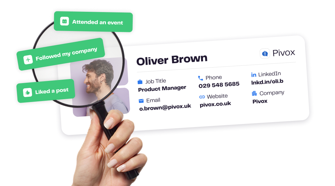 A hand holds a magnifying glass over a profile card from a tool, likely La Growth Machine, showing LinkedIn intents.