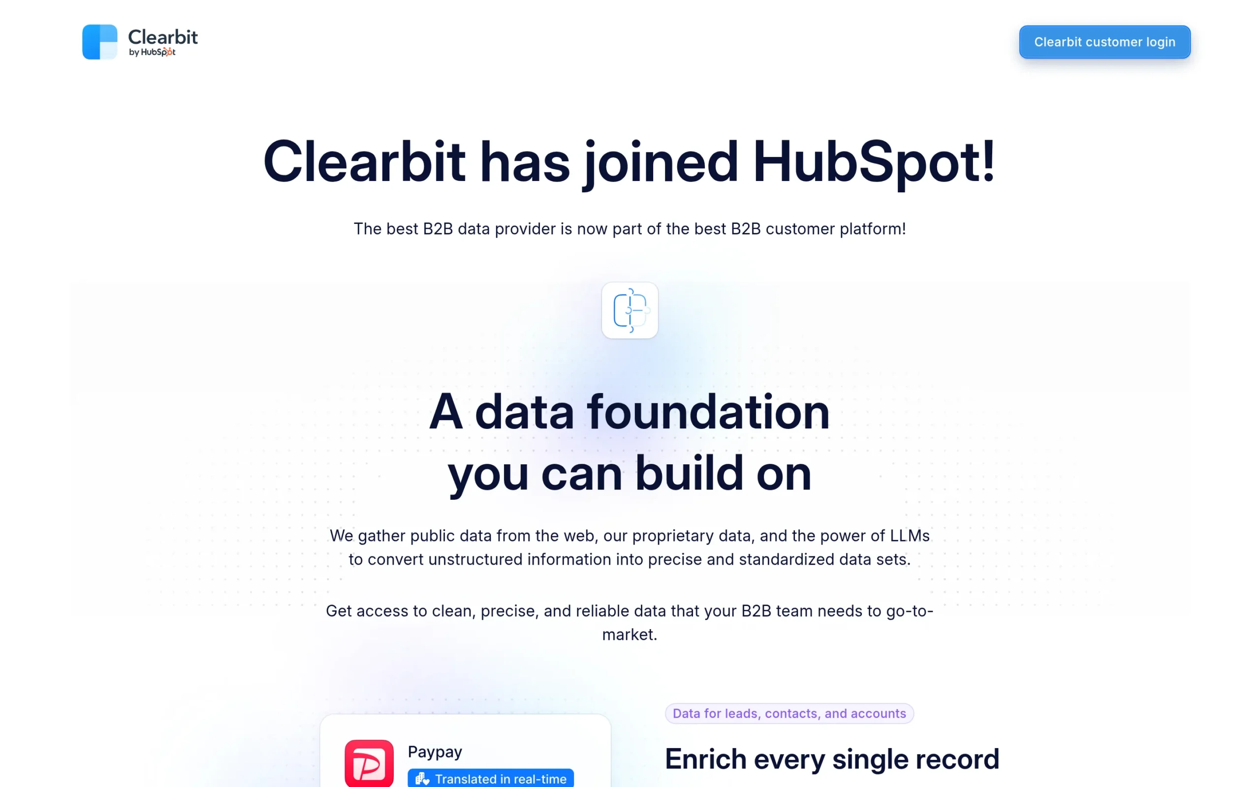 Clearbit interface showing key features and dashboard