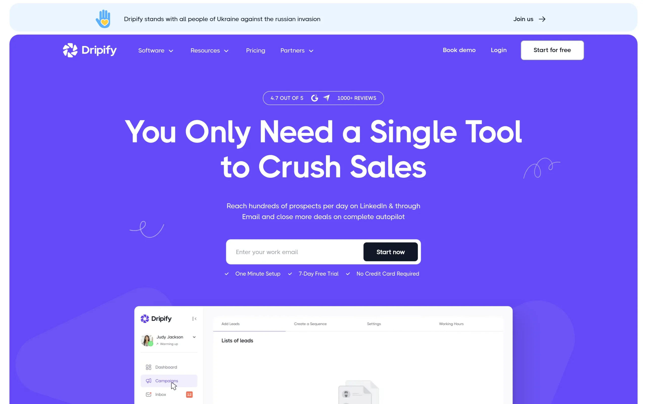 Dripify interface showing key features and dashboard