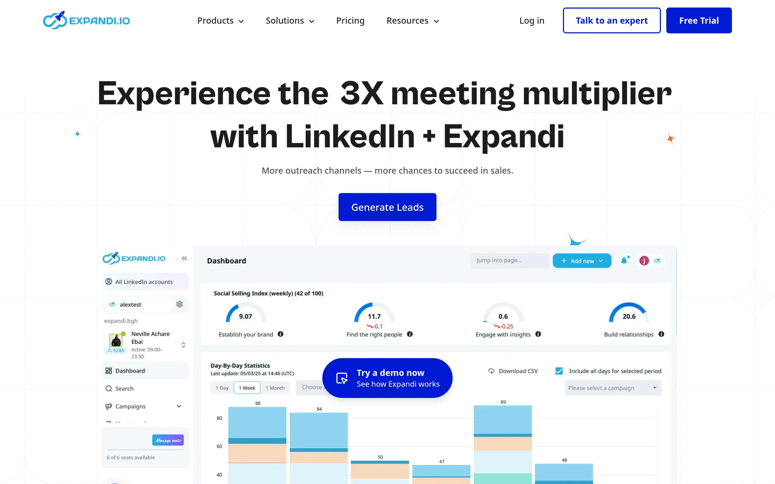 Expandi interface showing key features and dashboard
