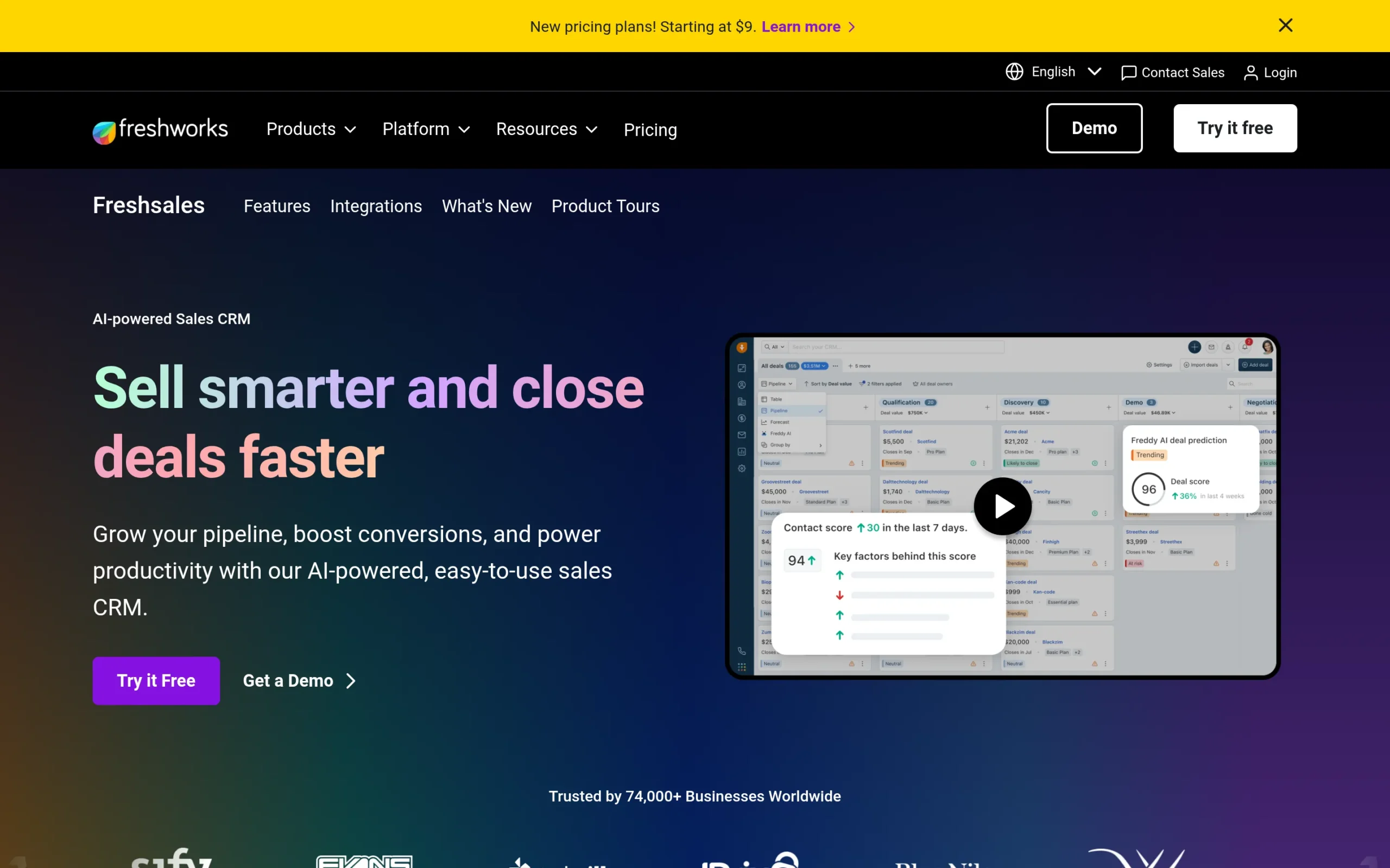 Freshsales interface showing key features and dashboard