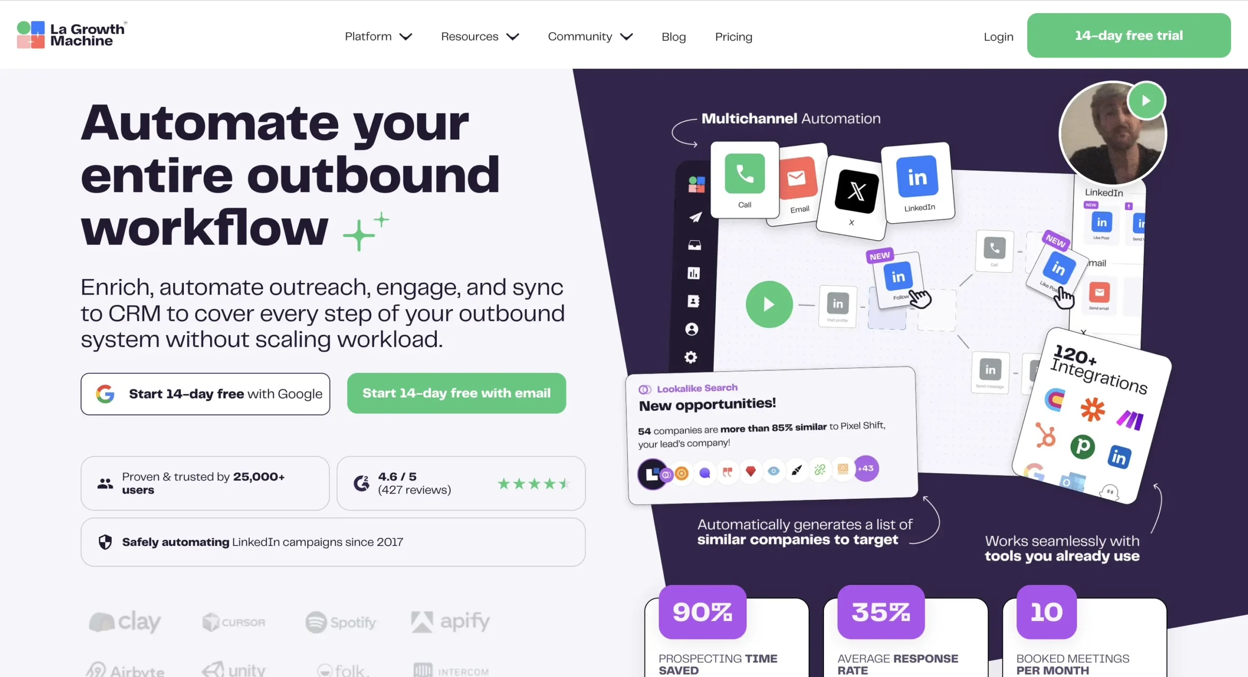 La Growth Machine interface showing key features and dashboard