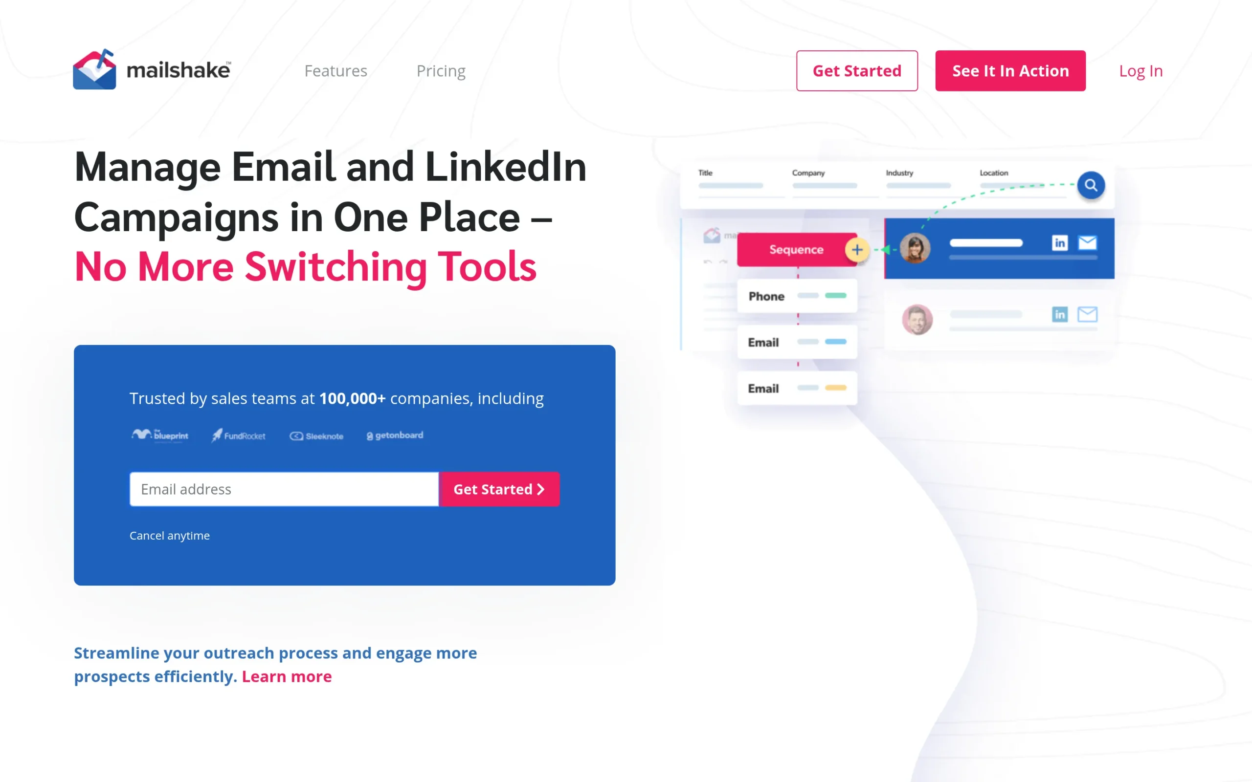 Mailshake interface showing key features and dashboard