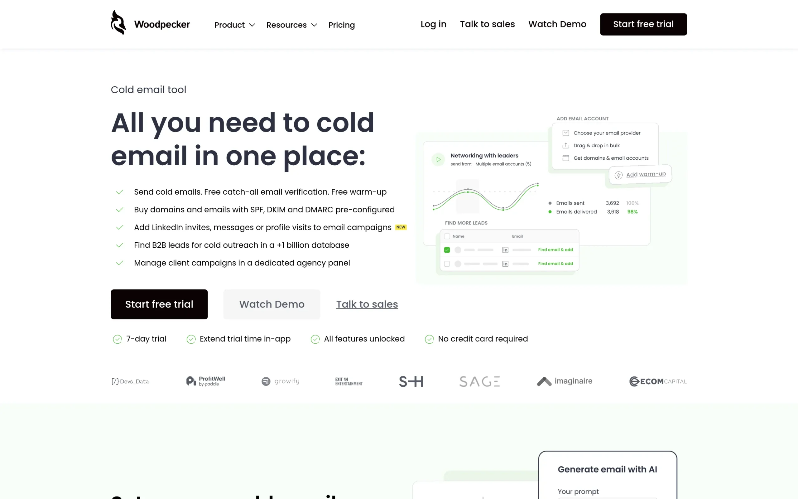 Interface de Woodpecker montrant les fonctionnalit&eacute;s cl&eacute;s